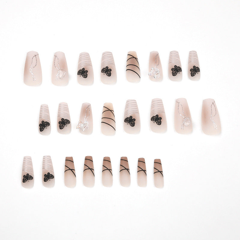 Nude Pink Black Butterfly| Long Coffin Manicure | Press On Nails N344