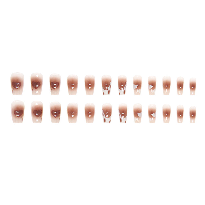 Brown Heart Cow French | Long Coffin Manicure | Press On Nail