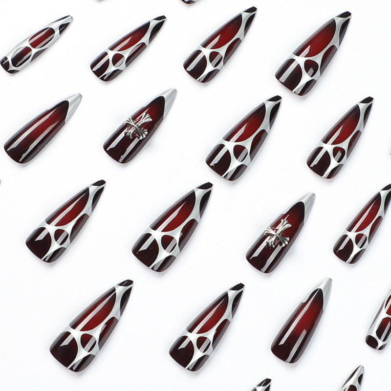 Gothic Silvered Cross| Long Almond Manicure | Press On Nails N523