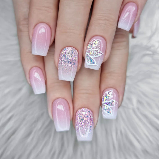 Pink Rose Artsy Bloom | Short Squoval Manicure | Press On Nails N785