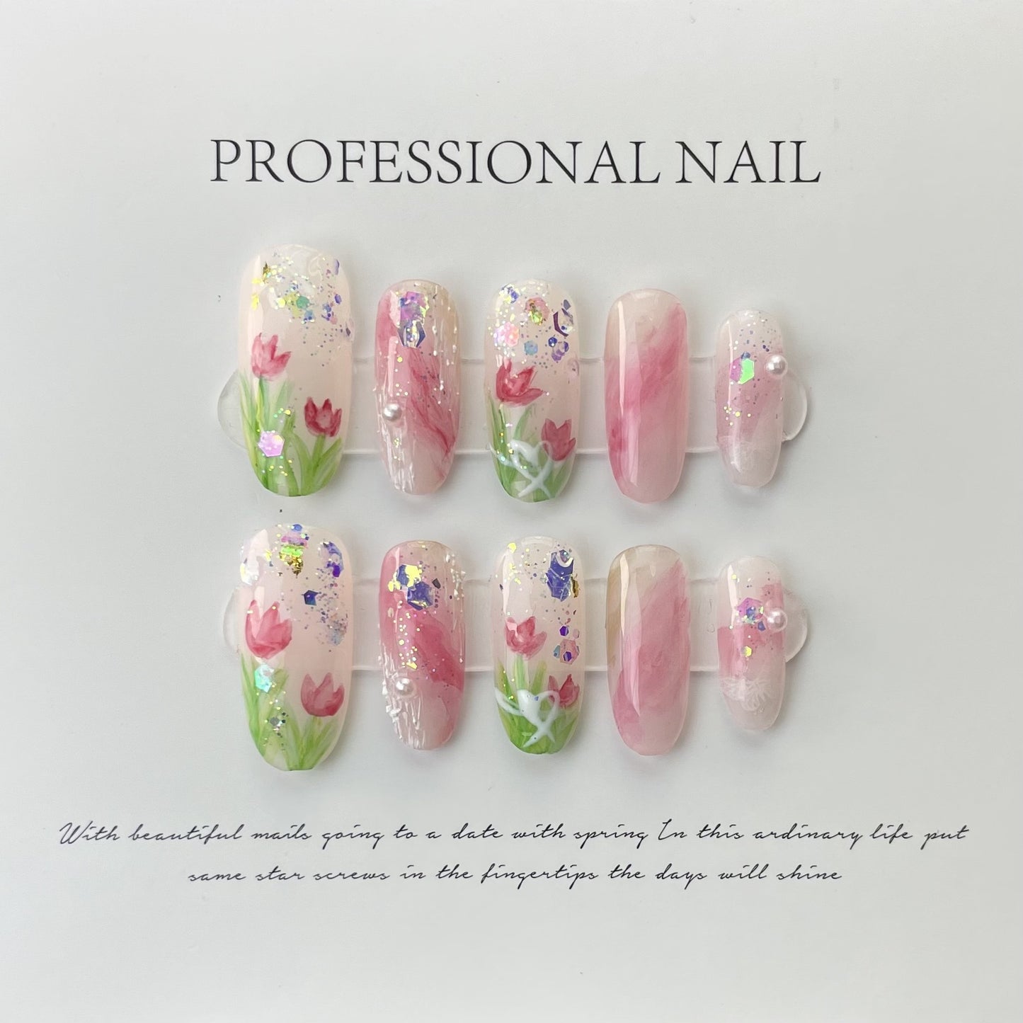 Blush Tulip|Long Almond Manicure | Handmade Press On Nails H376