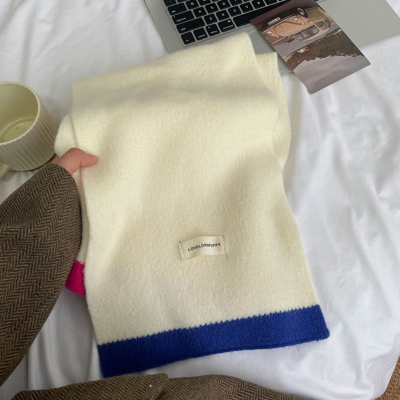 Soft Contrast Color Cashmere Solid Color Scarf | Simple Cute Stripe Warm Wool Knitted Scarf W43