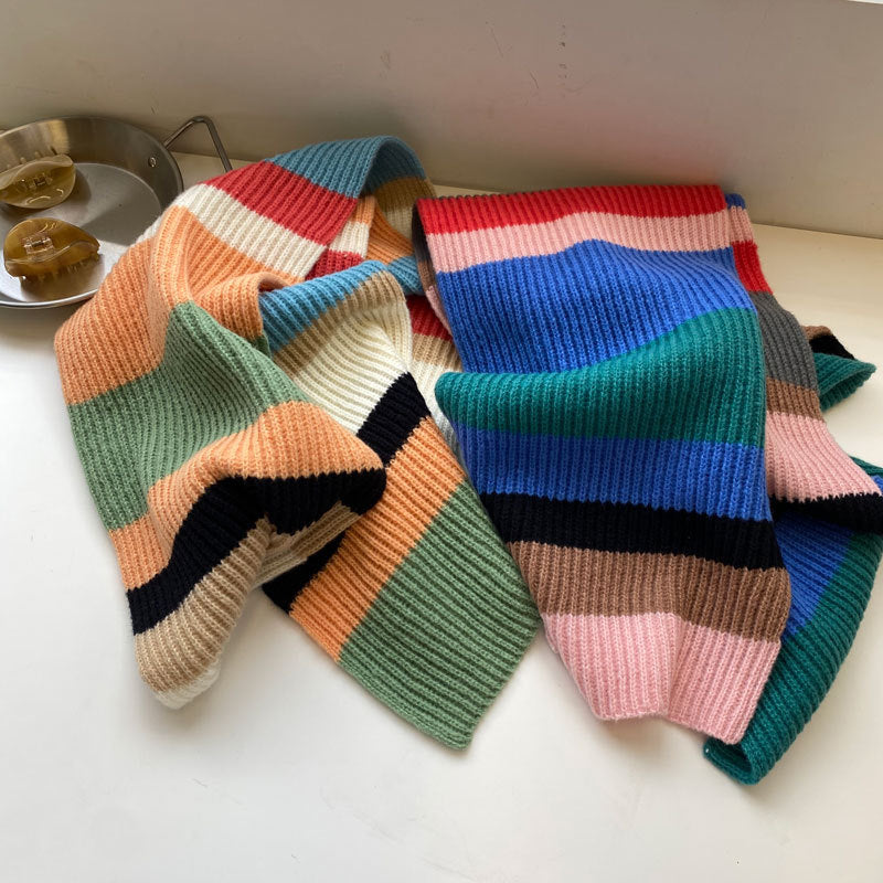 Soft Contrast Color Cashmere Solid Color Scarf | Simple Cute Stripe Warm Wool Knitted Scarf W42