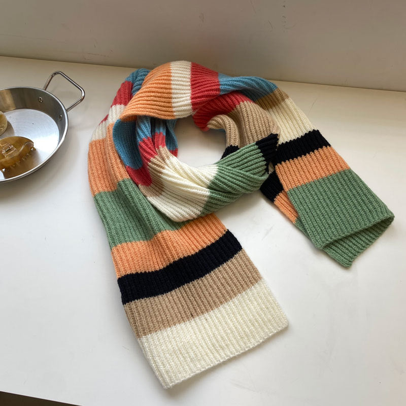 Soft Contrast Color Cashmere Solid Color Scarf | Simple Cute Stripe Warm Wool Knitted Scarf W42