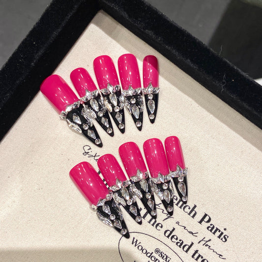 Spicy Pink|Long Almond Manicure | Handmade Press On Nails H309