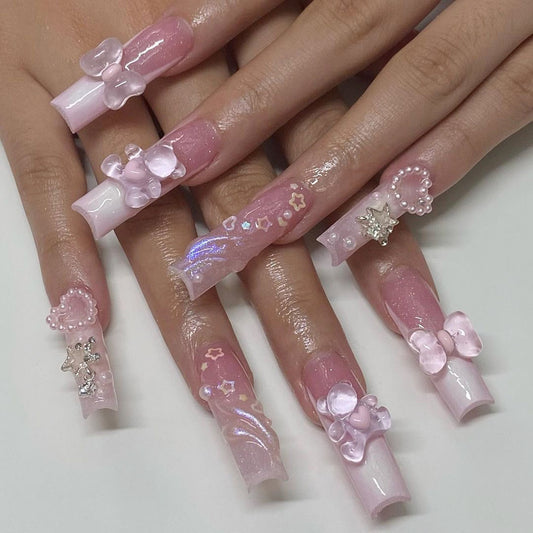 Crystal Bear | Long Coffin Manicure | Press On Nails N798