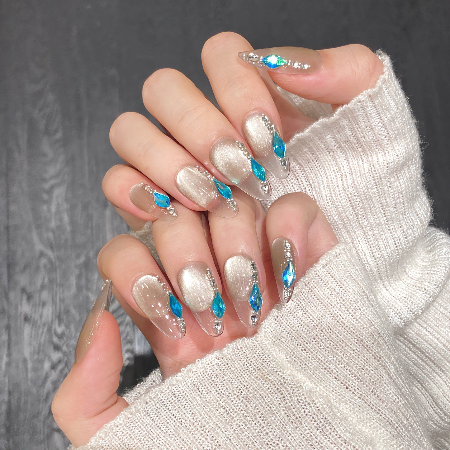 Crystal Azure|Long Almond Manicure | Handmade Press On Nails H311