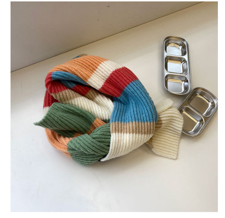 Soft Contrast Color Cashmere Solid Color Scarf | Simple Cute Stripe Warm Wool Knitted Scarf W42