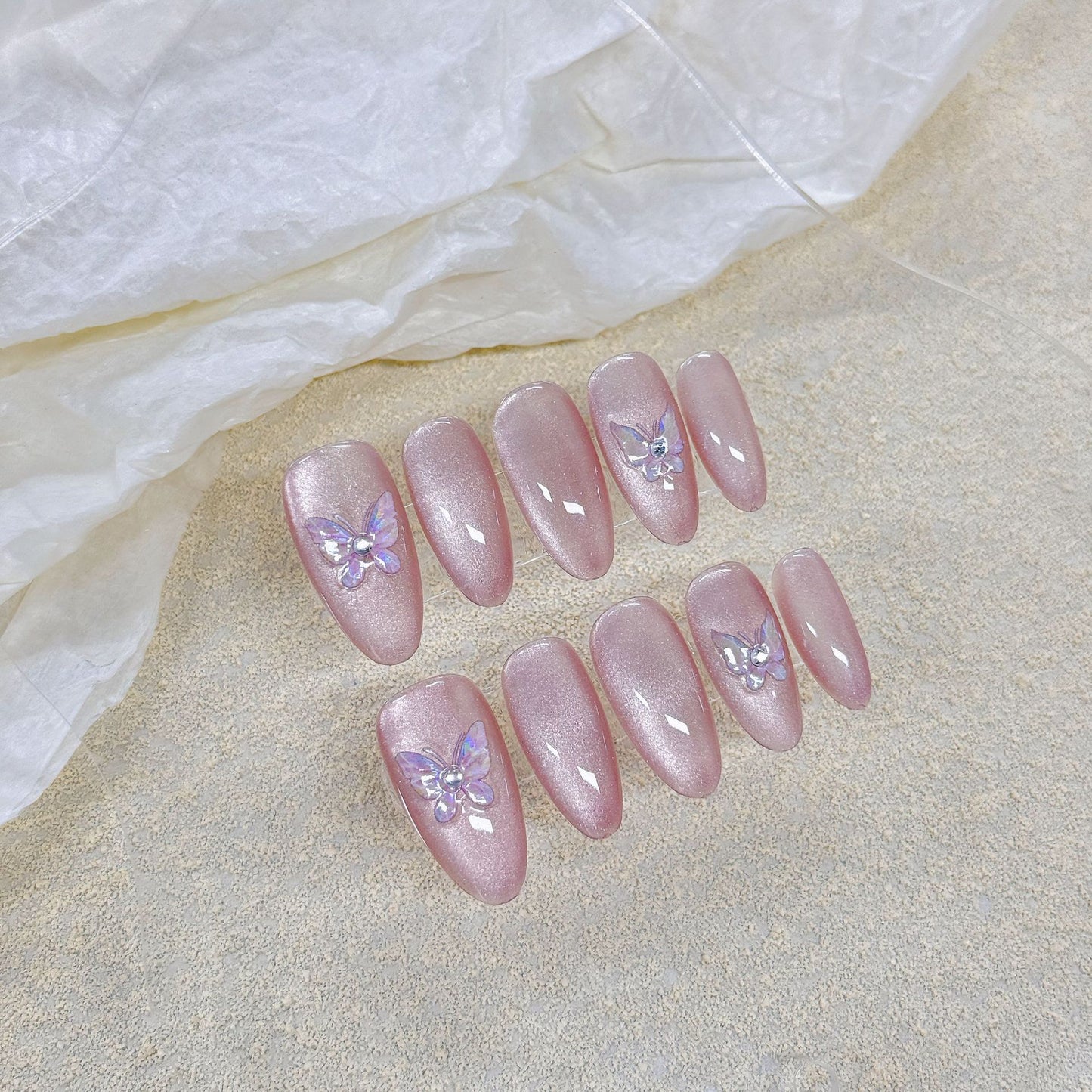 Classy Pink Butterfly| Medium Almond Manicure | Handmade Press On Nails H371