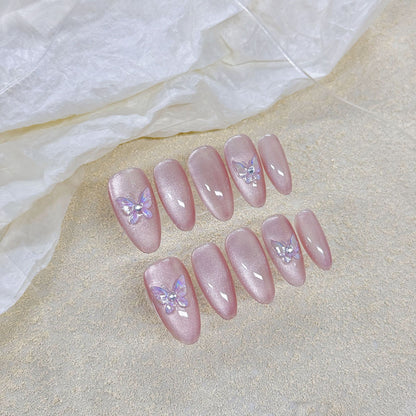 Classy Pink Butterfly| Medium Almond Manicure | Handmade Press On Nails H371