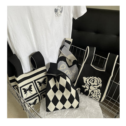 Monochrome Woven Bucket Bag | Casual Printed Tote Bags | Shoulder Bag | Accessories Crochet Handbags B9