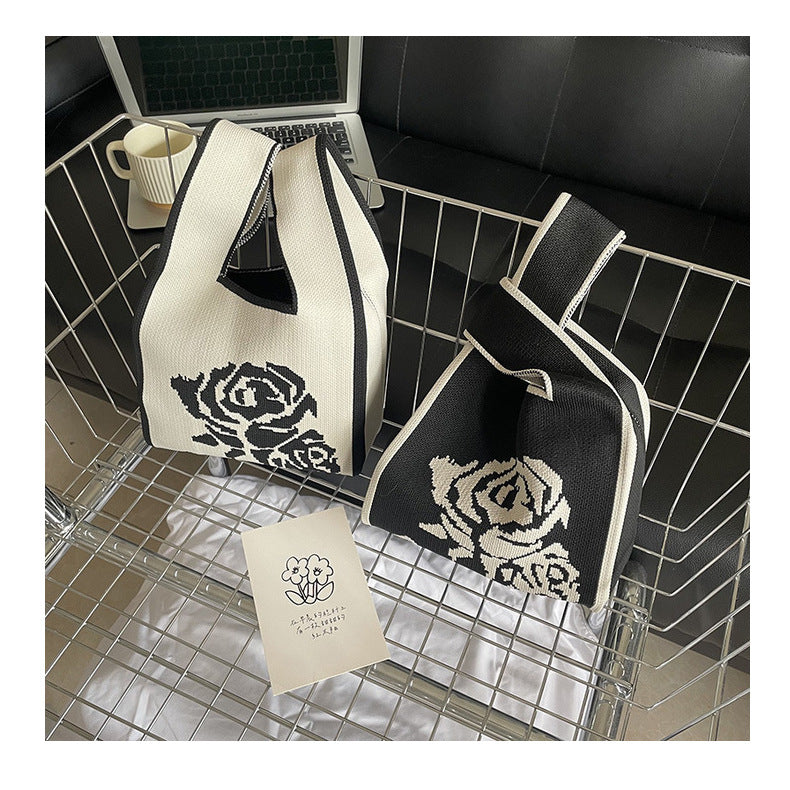 Rose Woven Bucket Bag | Casual Stripe Printed Tote Bags | Shoulder Bag | Accessories Crochet Handbags B16