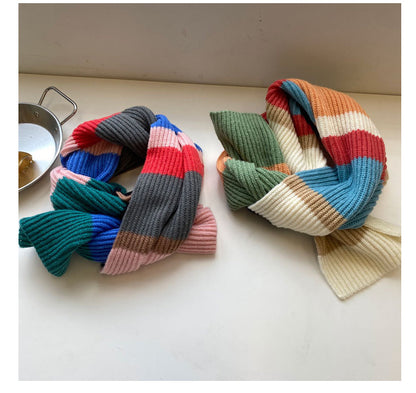 Soft Contrast Color Cashmere Solid Color Scarf | Simple Cute Stripe Warm Wool Knitted Scarf W42