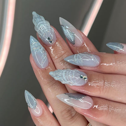 Azure SeaShell | Medium Almond Manicure | Press On Nails N792