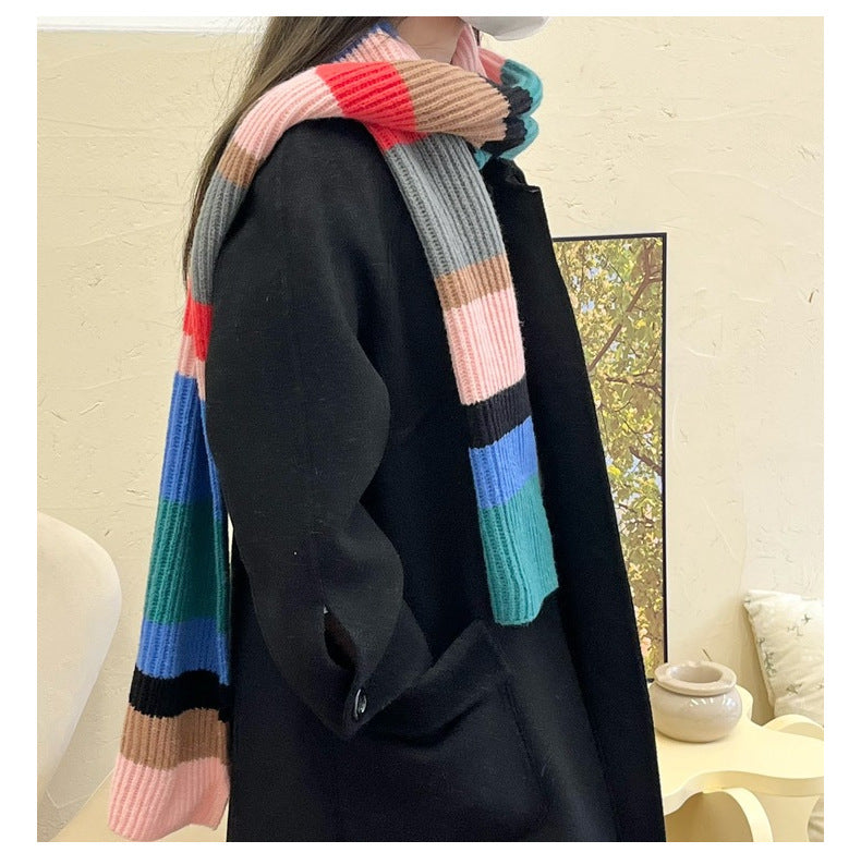 Soft Contrast Color Cashmere Solid Color Scarf | Simple Cute Stripe Warm Wool Knitted Scarf W42