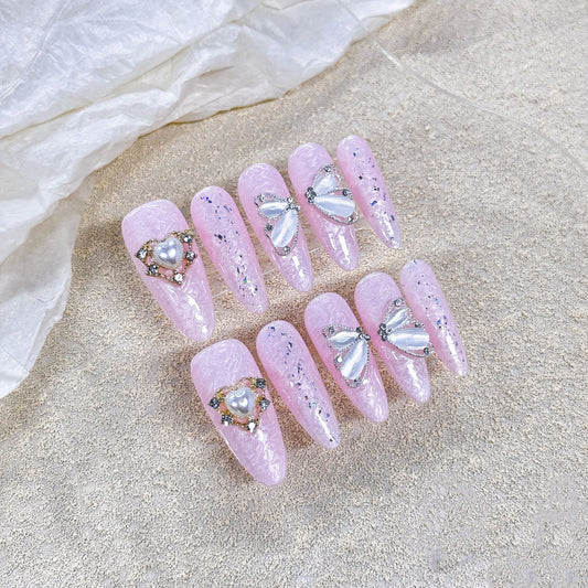 Pearl Butterfly|Long Almond Manicure | Handmade Press On Nails H372