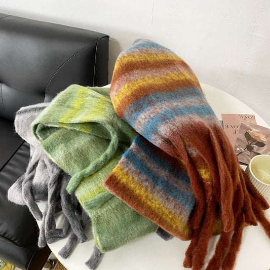 Cozy Plush Winter Stripe Scarf | Tassel Shawls |Soft Wool knitted Scarf W54