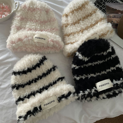 Cozy Plush Stripe Winter Cashmere Knit Beanie Hat |Stretch Ribbed Beanie Hat M18