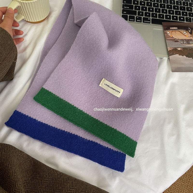 Soft Contrast Color Cashmere Solid Color Scarf | Simple Cute Stripe Warm Wool Knitted Scarf W43