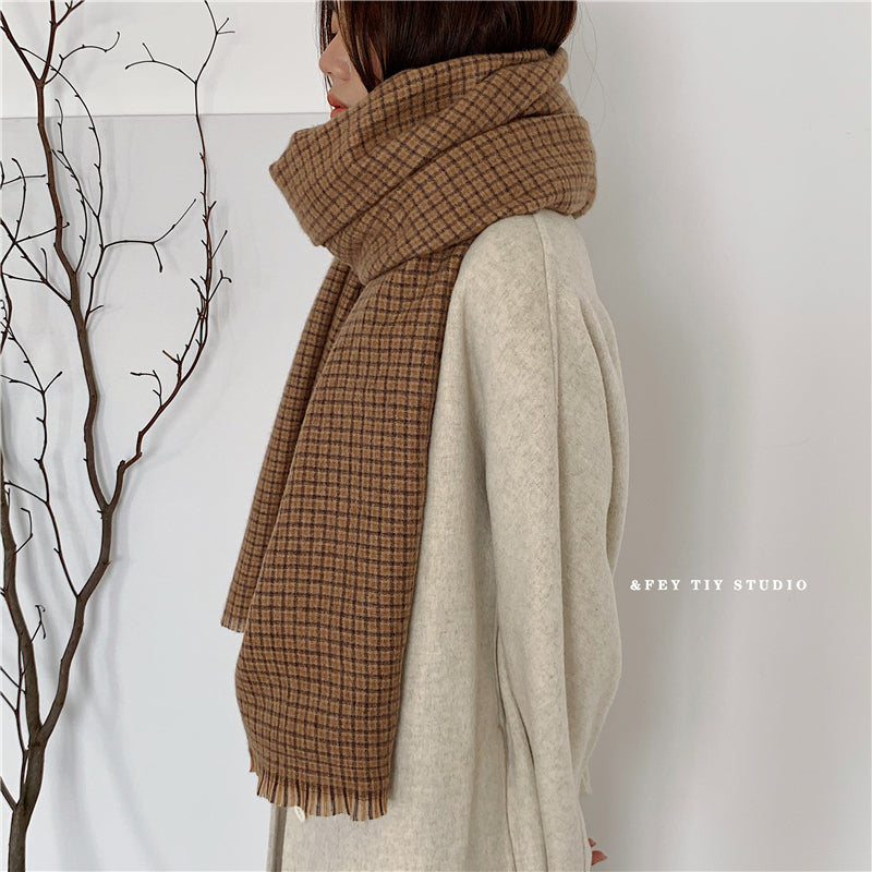 Cozy Plush Winter Plaid Scarf | Tassel Shawls |Soft Wool knitted Scarf W57