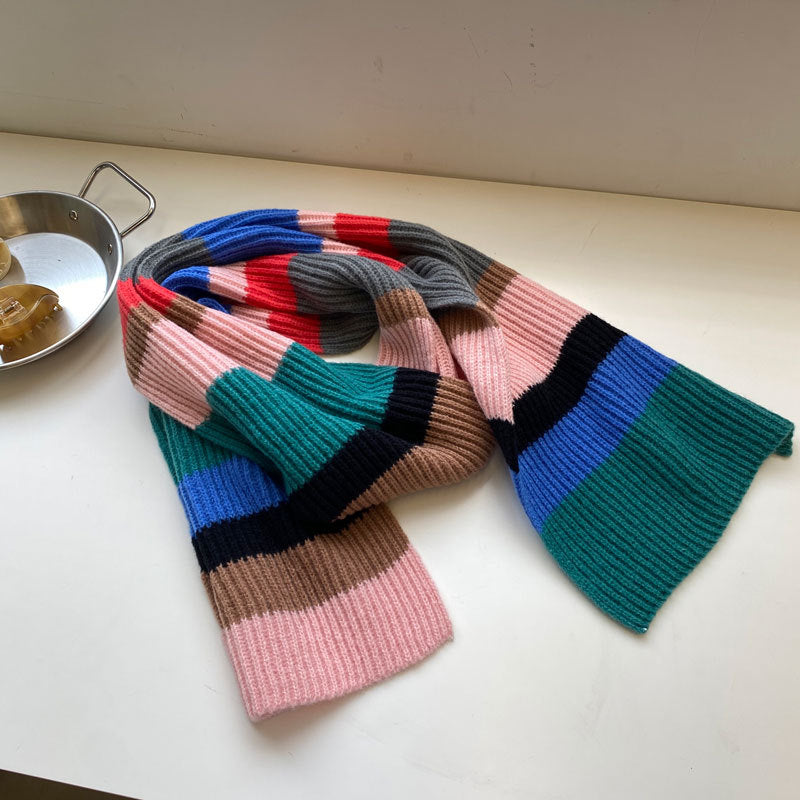 Soft Contrast Color Cashmere Solid Color Scarf | Simple Cute Stripe Warm Wool Knitted Scarf W42