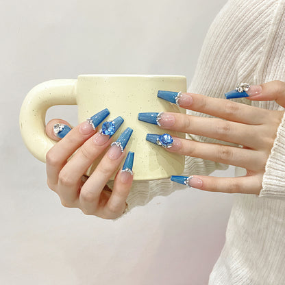 Diamond Azure| Long Coffin Manicure  | Handmade Press on Nails H326