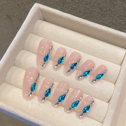 Crystal Azure|Long Almond Manicure | Handmade Press On Nails H311