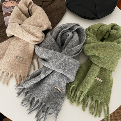 Soft Cashmere Solid Color Tassel Scarf | Simple Plush Warm Wool Knitted Scarf W45