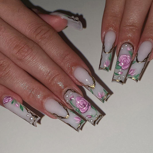 Romatic Rose| Long Coffin Manicure | Press On Nails N799