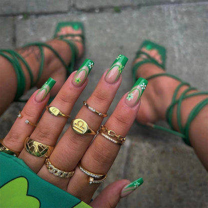 Lime Green Garden | Long Coffin Manicure  | Press On Nails N789