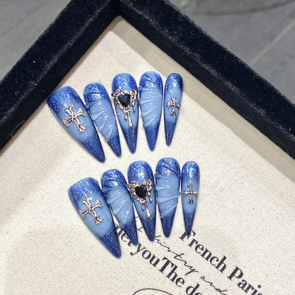 Punk Blue|Long Almond Manicure | Handmade Press On Nails H349