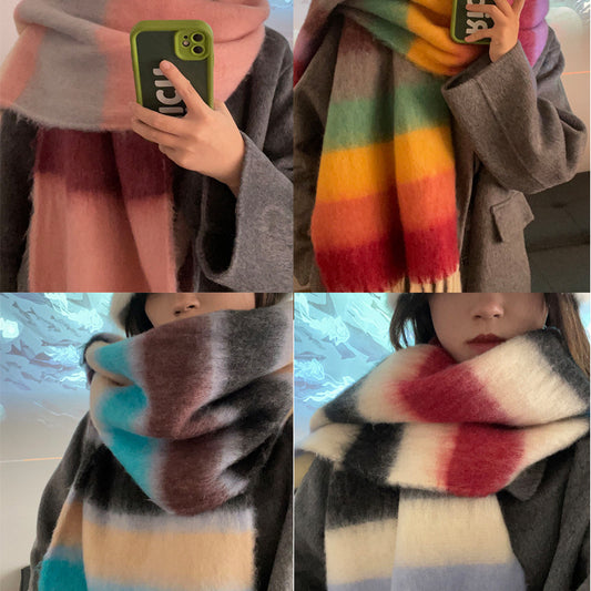 Cozy Plush Winter Stripe Scarf | Tassel Shawls |Soft Wool knitted Scarf W55