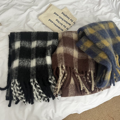 Cozy Plush Winter Plaid Scarf | Tassel Shawls |Soft Wool knitted Scarf W50