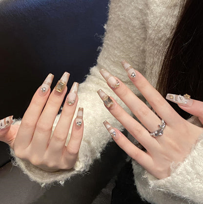 Twinkle Champagne Long Coffin Manicure | Handmade Press on Nails H383