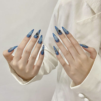 Punk Blue|Long Almond Manicure | Handmade Press On Nails H349