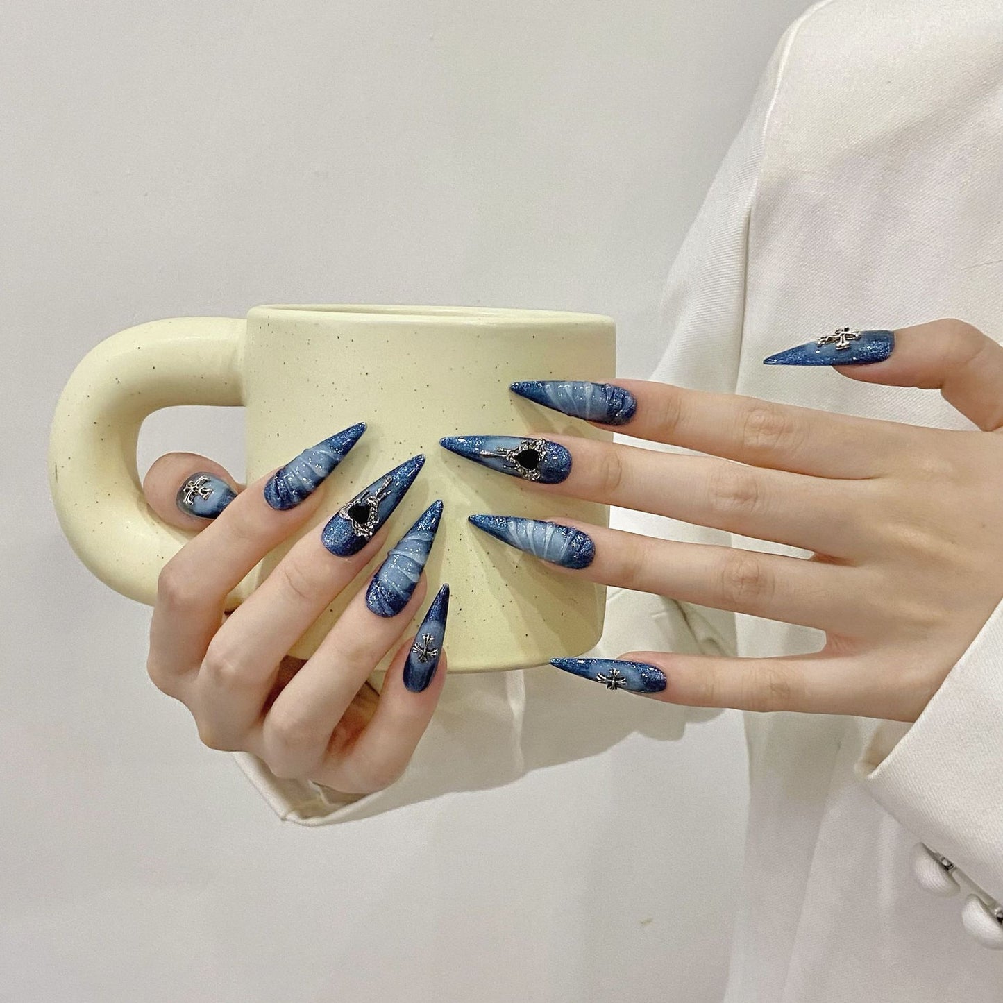 Punk Blue|Long Almond Manicure | Handmade Press On Nails H349