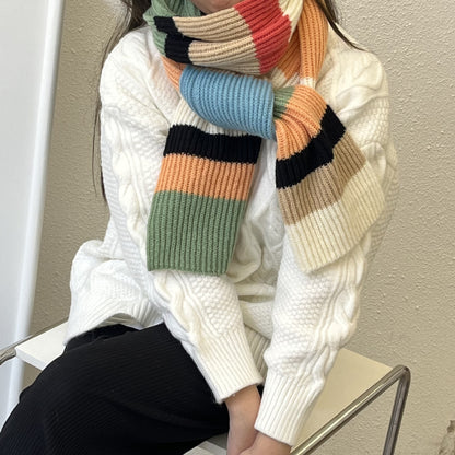 Soft Contrast Color Cashmere Solid Color Scarf | Simple Cute Stripe Warm Wool Knitted Scarf W42