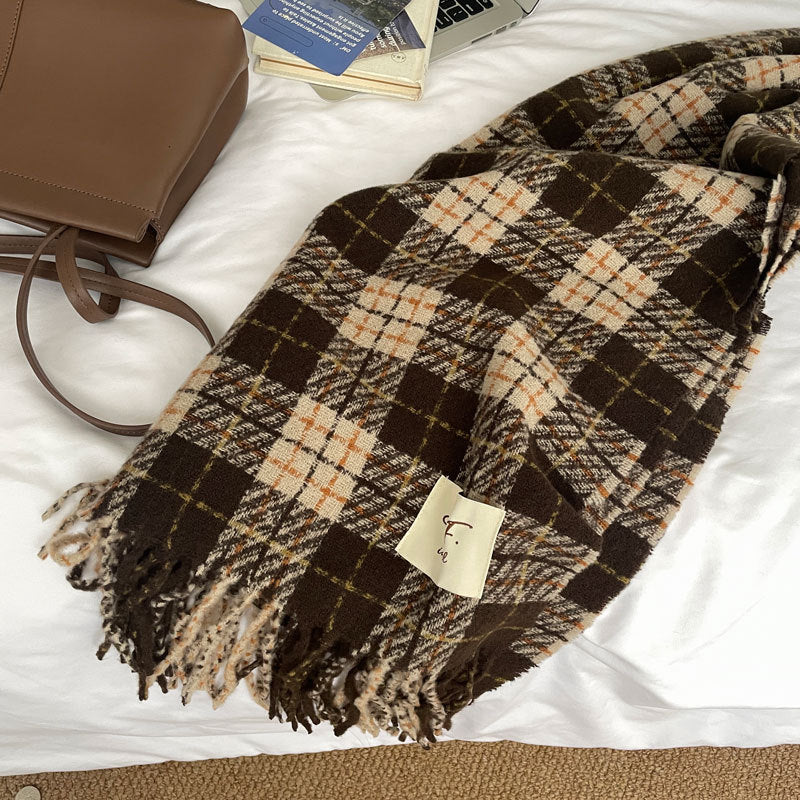 Soft Cashmere Plaid Scarf | Simple Tassel Warm Wool Knitted Scarf W32