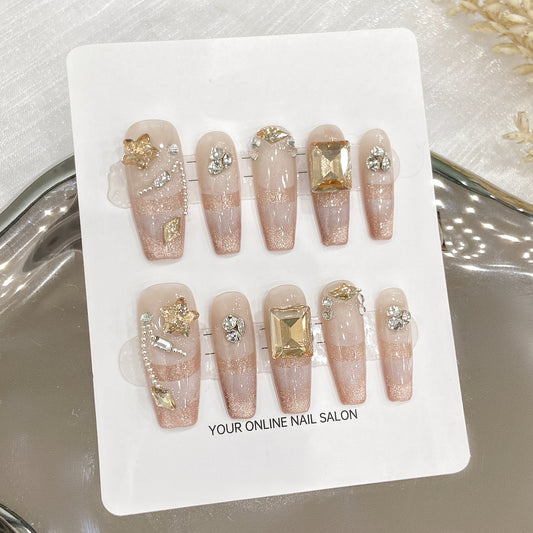 Twinkle Champagne Long Coffin Manicure | Handmade Press on Nails H383