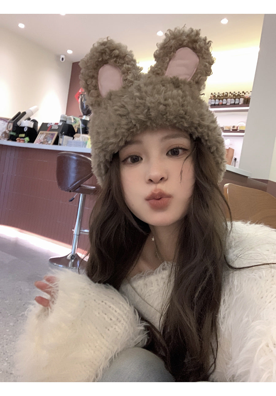 Cozy Cute Rabbit Plush Winter Cashmere Knit Beanie Hat |Stretch Bunny Beanie Hat M10