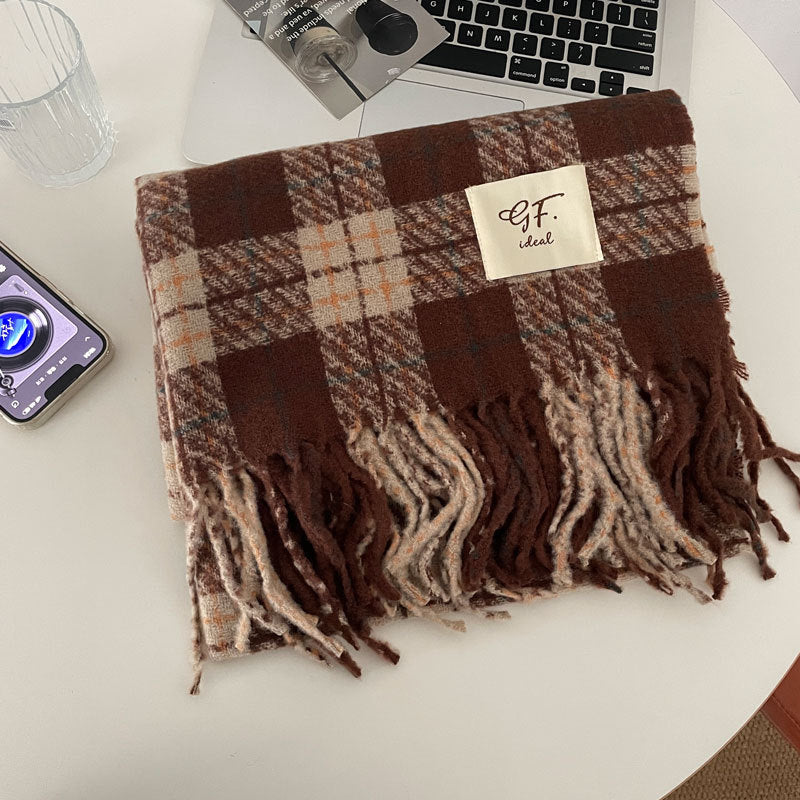 Soft Cashmere Plaid Scarf | Simple Tassel Warm Wool Knitted Scarf W32