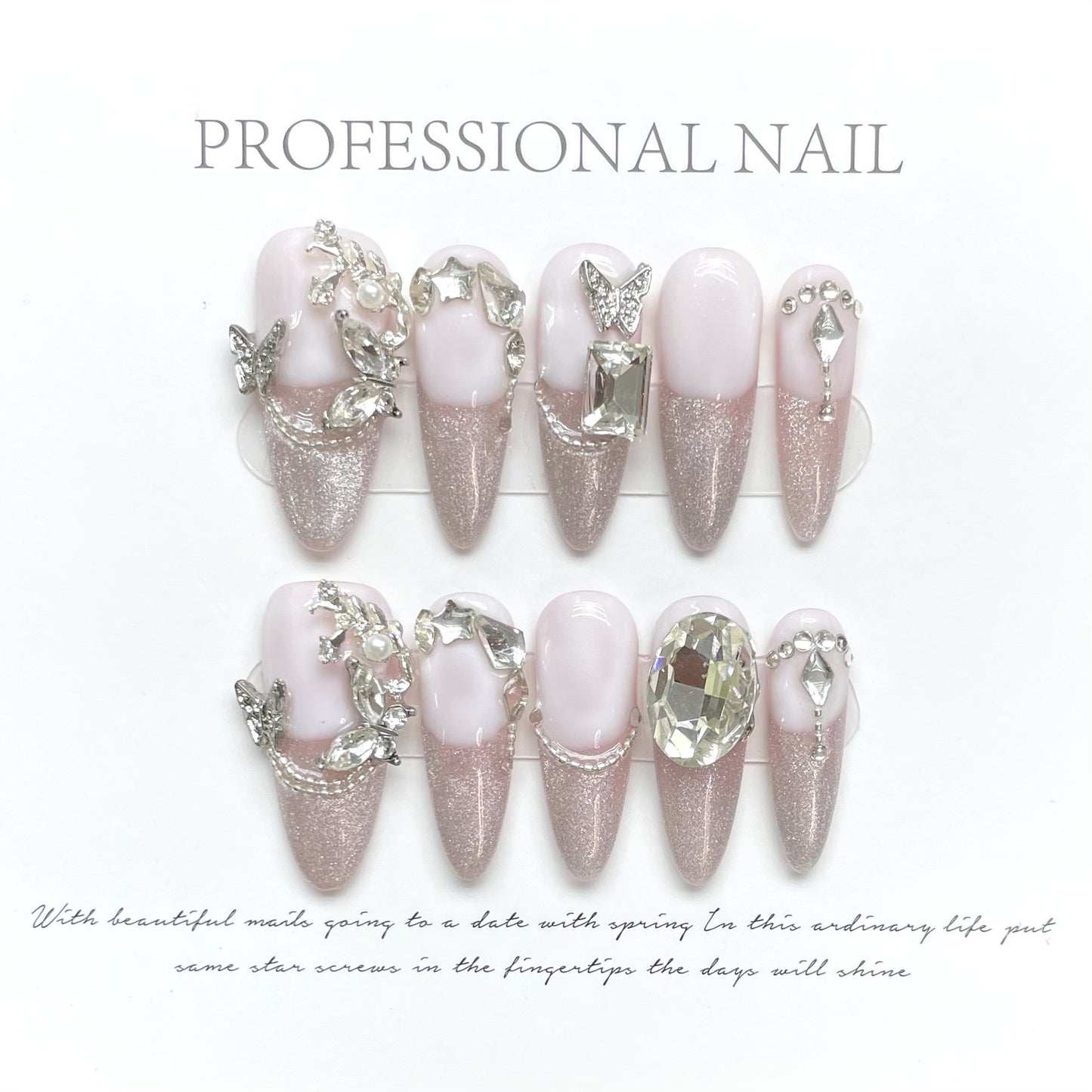 Pink Stardust|Long Almond Manicure | Handmade Press On Nails H399