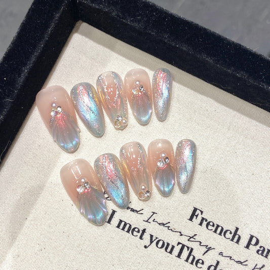 Mermaid Glow|Medium Almond Manicure | Handmade Press On Nails H316