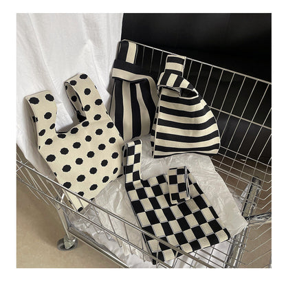 Monochrome Woven Bucket Bag | Casual Printed Tote Bags | Shoulder Bag | Accessories Crochet Handbags B9