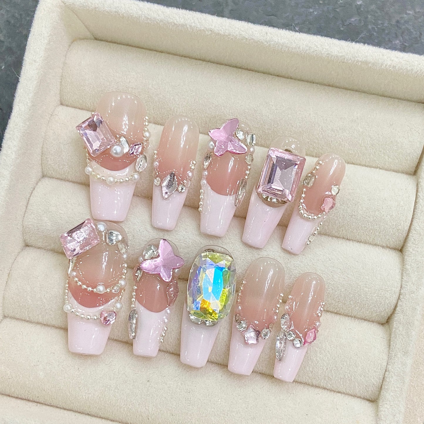 Pastel Diamond| Long Coffin Manicure  | Handmade Press on Nails H382