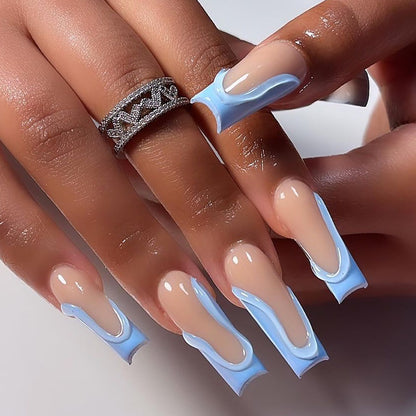 Azure Aura | Long Coffin Manicure | Press On Nails N802