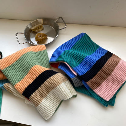 Soft Contrast Color Cashmere Solid Color Scarf | Simple Cute Stripe Warm Wool Knitted Scarf W42