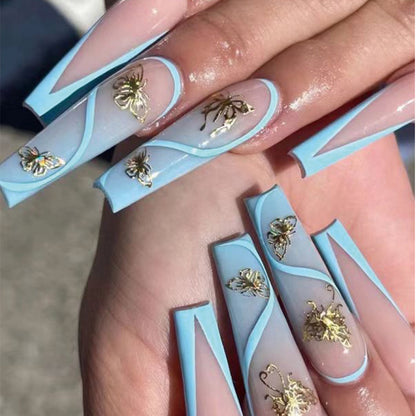 Blue Butterfly Ombré | Press On Nail | Long Coffin Manicure N786