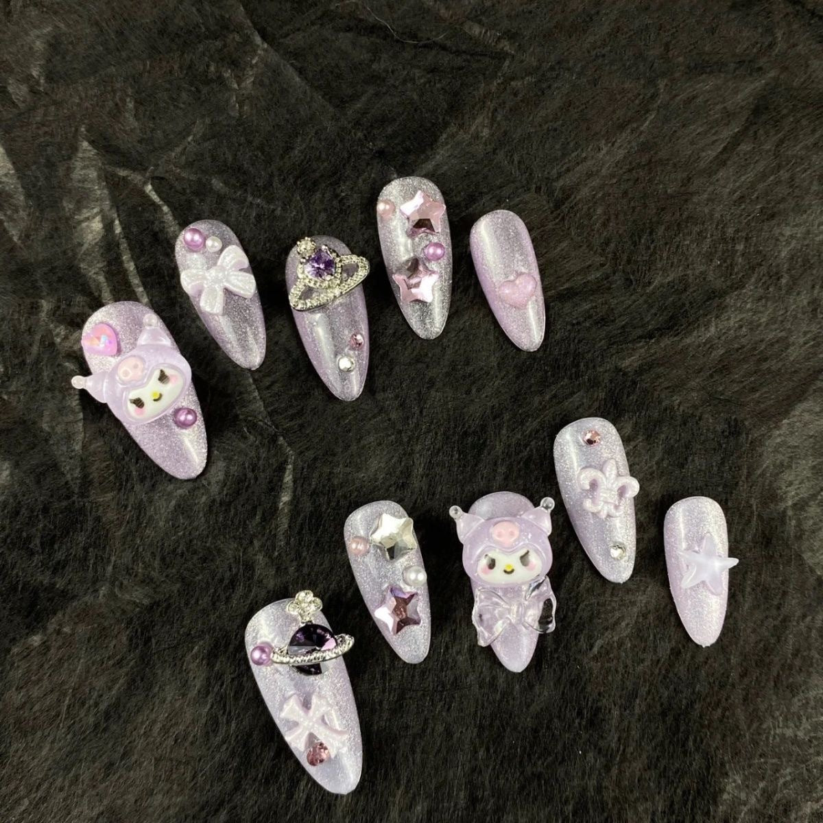 Dazzling lilac Kuromi  | Medium Almond Manicure | Handmade Press On Nails H43