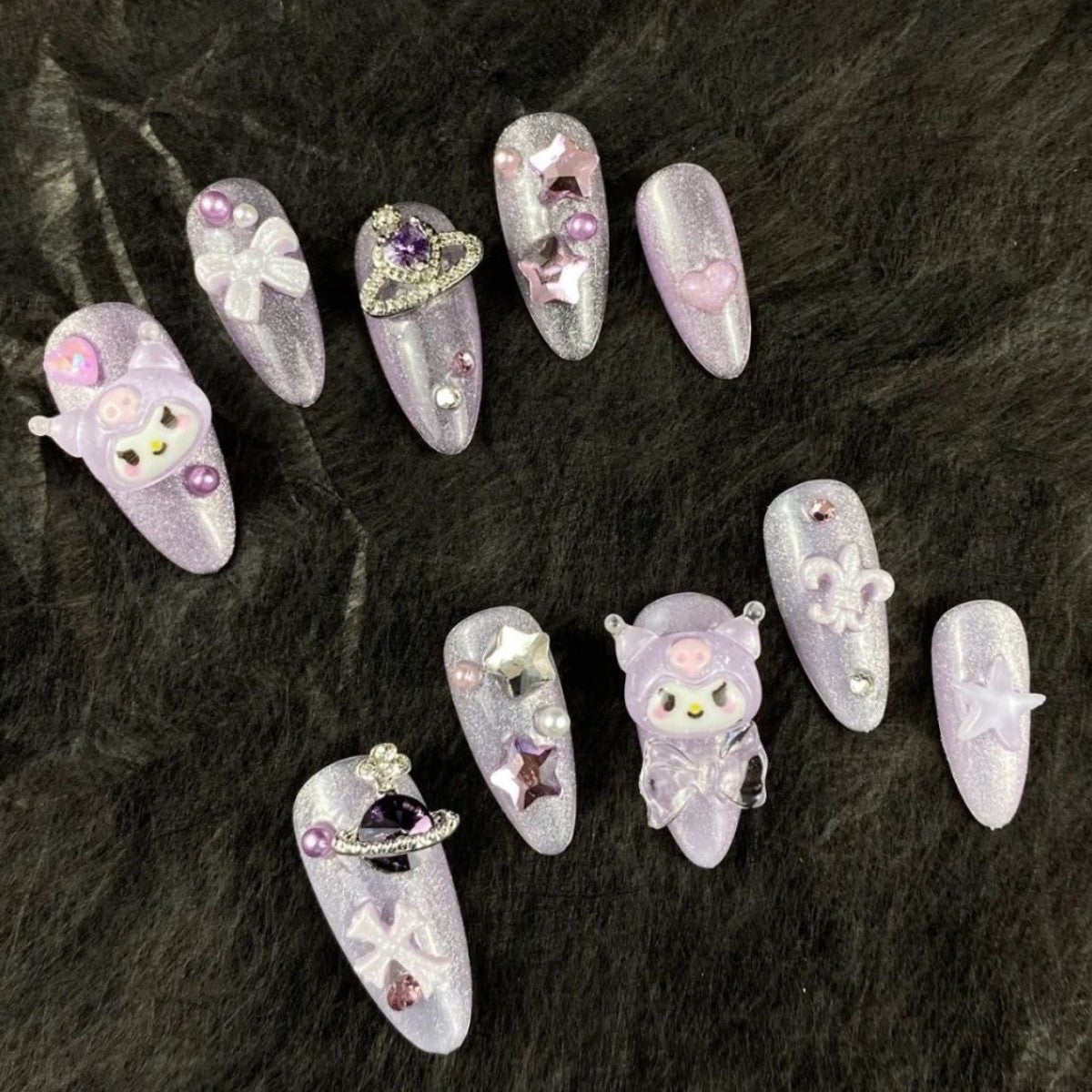 Dazzling lilac Kuromi  | Medium Almond Manicure | Handmade Press On Nails H43